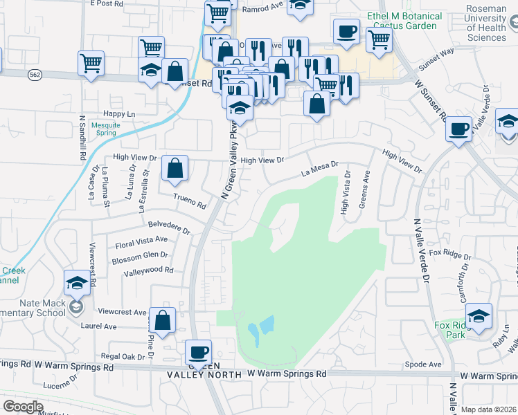map of restaurants, bars, coffee shops, grocery stores, and more near 3010 La Mesa Drive in Henderson
