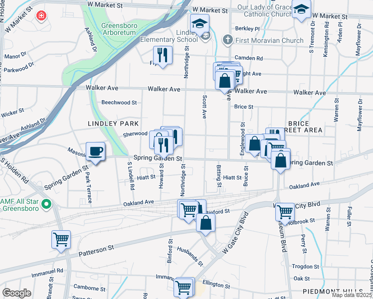 map of restaurants, bars, coffee shops, grocery stores, and more near 811 Northridge Street in Greensboro