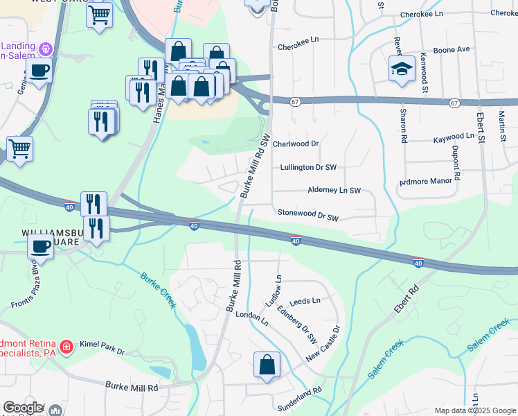 map of restaurants, bars, coffee shops, grocery stores, and more near 1989 Stonewood Drive Southwest in Winston-Salem