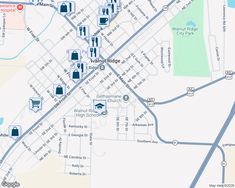 map of restaurants, bars, coffee shops, grocery stores, and more near 207 Southeast 4th Street in Walnut Ridge