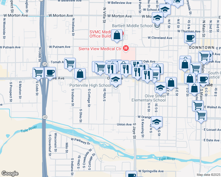 map of restaurants, bars, coffee shops, grocery stores, and more near 75 Howland Street in Porterville