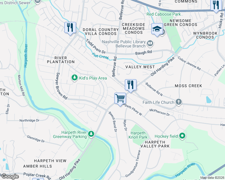 map of restaurants, bars, coffee shops, grocery stores, and more near 407 General George Patton Road in Nashville