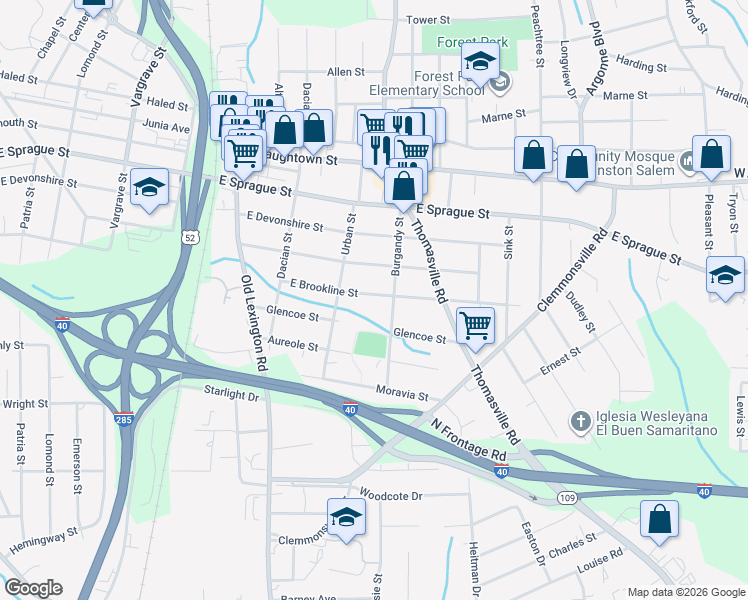 map of restaurants, bars, coffee shops, grocery stores, and more near 824 East Brookline Street in Winston-Salem