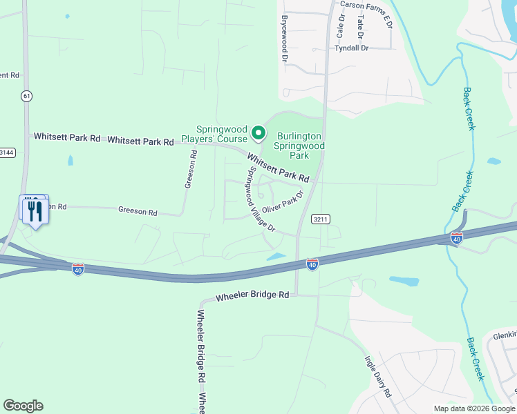 map of restaurants, bars, coffee shops, grocery stores, and more near 7728 Oliver Park Drive in Whitsett