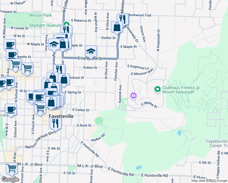 map of restaurants, bars, coffee shops, grocery stores, and more near 213 Fletcher Avenue in Fayetteville