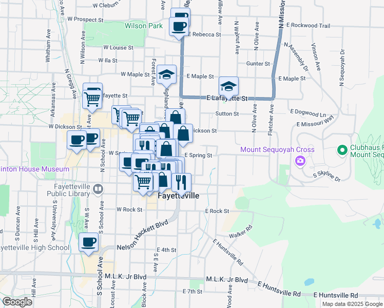map of restaurants, bars, coffee shops, grocery stores, and more near 127 East Spring Street in Fayetteville