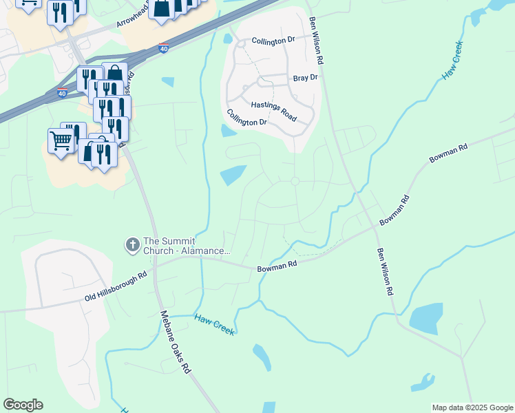 map of restaurants, bars, coffee shops, grocery stores, and more near 129 Campaign Drive in Mebane
