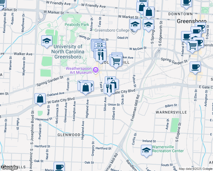 map of restaurants, bars, coffee shops, grocery stores, and more near 630 Joyner Street in Greensboro
