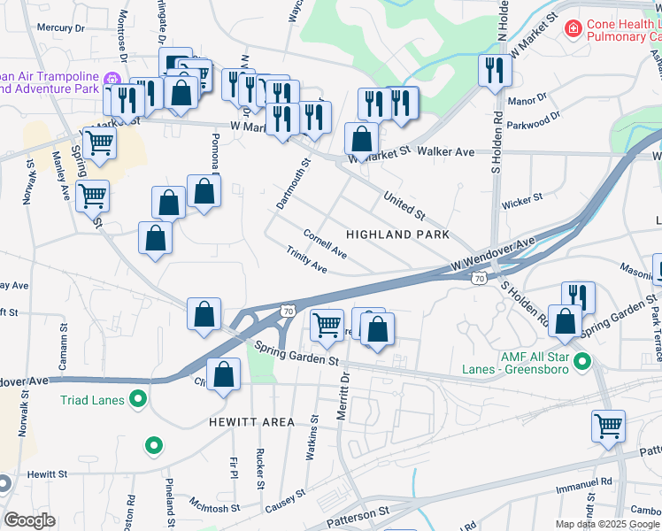 map of restaurants, bars, coffee shops, grocery stores, and more near 4312 Trinity Avenue in Greensboro