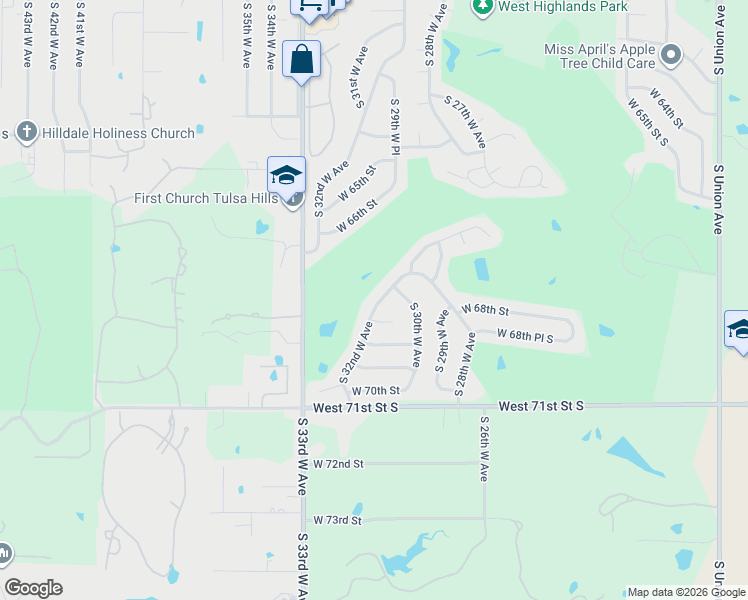 map of restaurants, bars, coffee shops, grocery stores, and more near 6832 South 32nd West Avenue in Tulsa