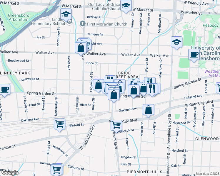 map of restaurants, bars, coffee shops, grocery stores, and more near 805 Holliday Drive in Greensboro