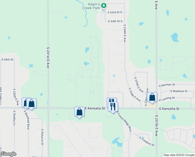 map of restaurants, bars, coffee shops, grocery stores, and more near South 249th East Avenue in Broken Arrow