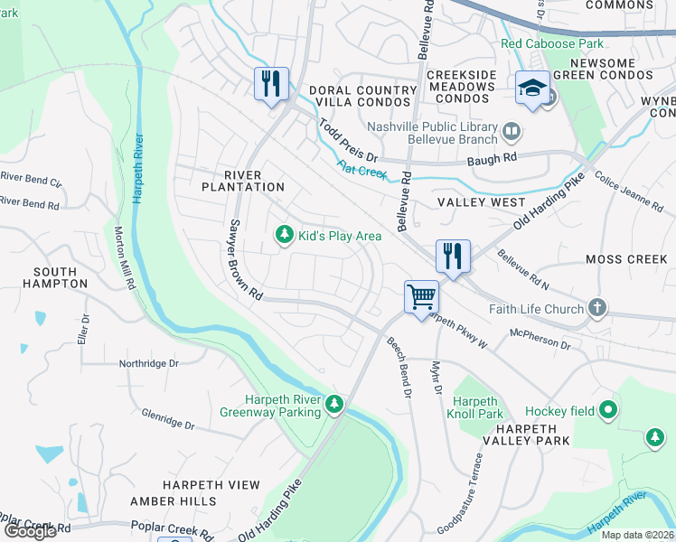map of restaurants, bars, coffee shops, grocery stores, and more near 612 General George Patton Road in Nashville