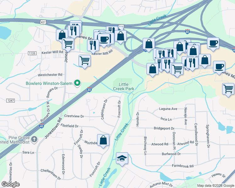 map of restaurants, bars, coffee shops, grocery stores, and more near 602 Foxcroft Drive in Winston-Salem