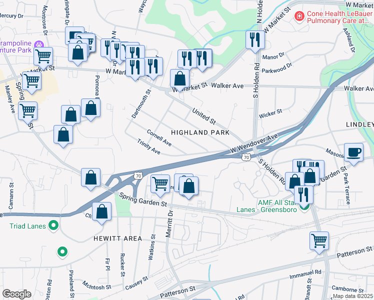 map of restaurants, bars, coffee shops, grocery stores, and more near 4244 Ashland Drive in Greensboro