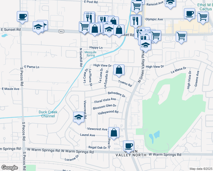 map of restaurants, bars, coffee shops, grocery stores, and more near 3135 La Mesa Drive in Henderson