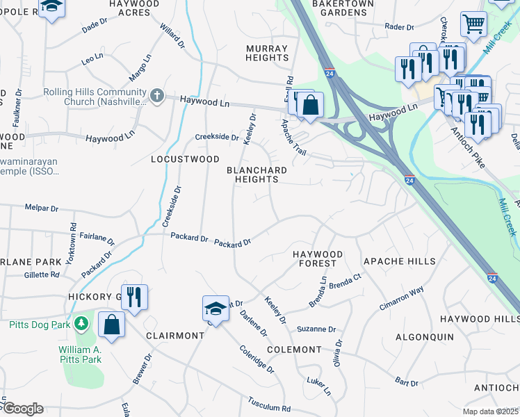 map of restaurants, bars, coffee shops, grocery stores, and more near 203 Creekside Court in Nashville
