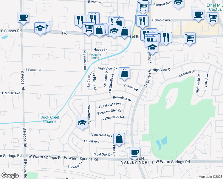 map of restaurants, bars, coffee shops, grocery stores, and more near 3135 La Mesa Drive in Henderson