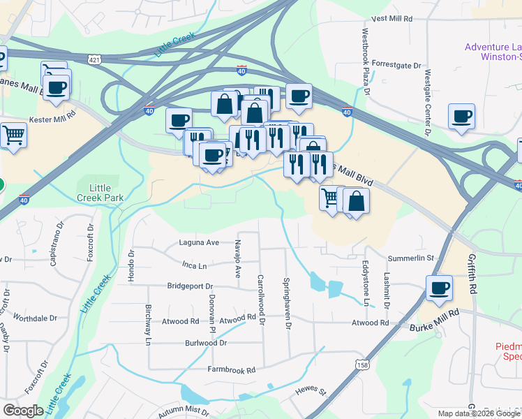 map of restaurants, bars, coffee shops, grocery stores, and more near 2835 Carrollwood Drive in Winston-Salem