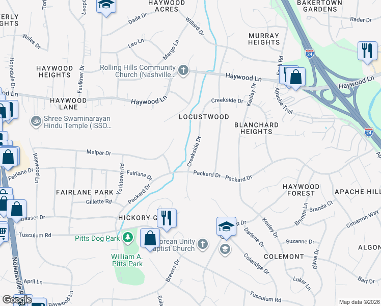 map of restaurants, bars, coffee shops, grocery stores, and more near 3941 Creekside Drive in Nashville