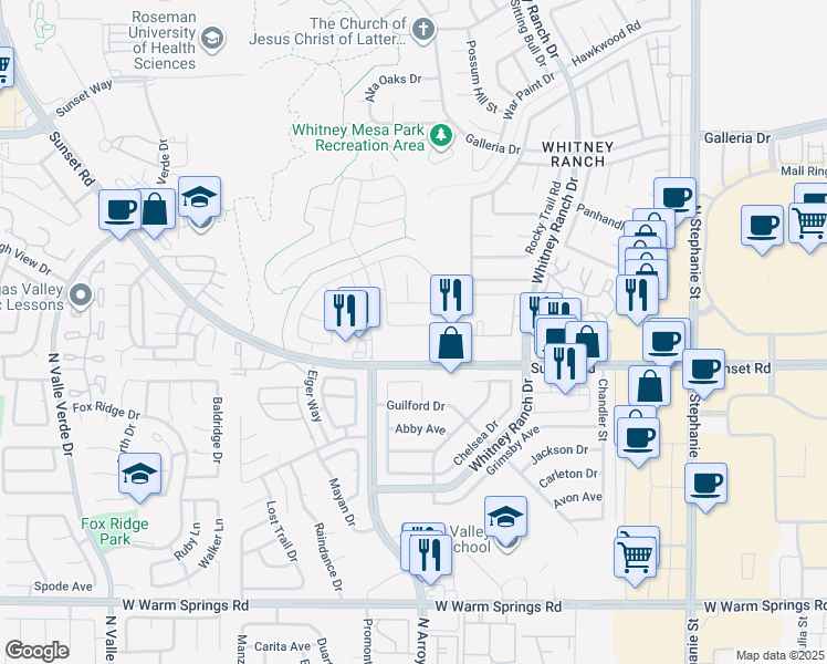 map of restaurants, bars, coffee shops, grocery stores, and more near 1617 Meadow Bluffs Avenue in Henderson
