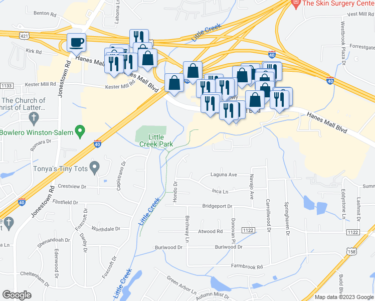 map of restaurants, bars, coffee shops, grocery stores, and more near 2852 Hondo Drive in Winston-Salem