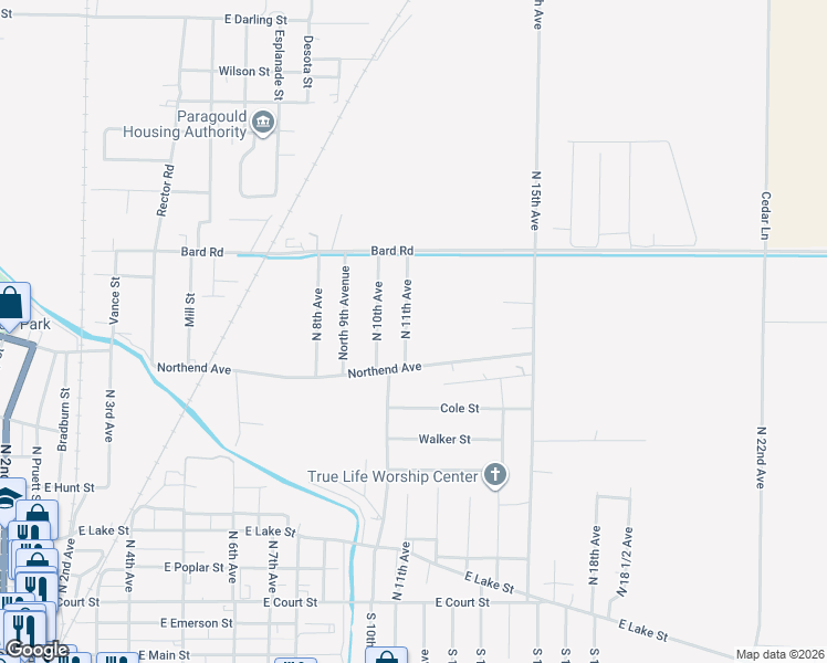 map of restaurants, bars, coffee shops, grocery stores, and more near 809 North 11th Avenue in Paragould