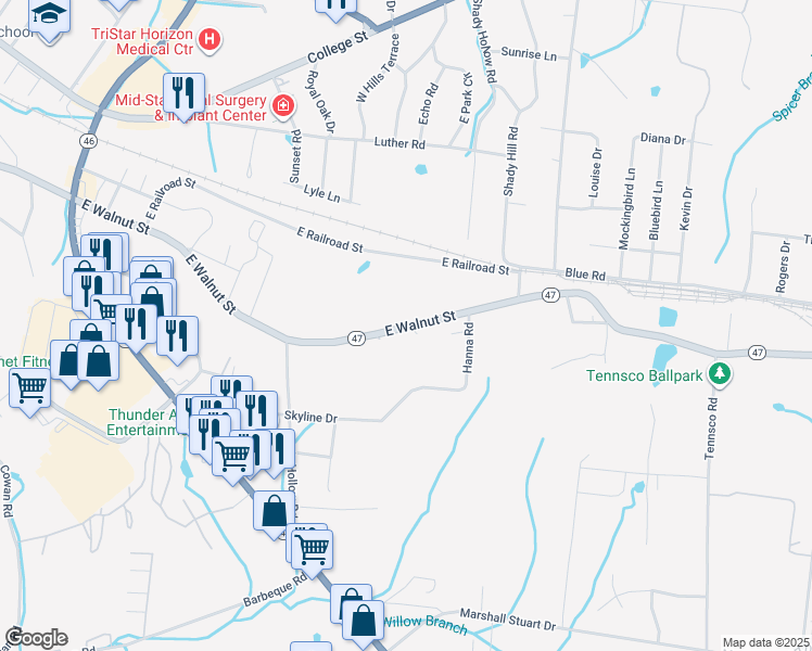 map of restaurants, bars, coffee shops, grocery stores, and more near 1155 East Walnut Street in Dickson