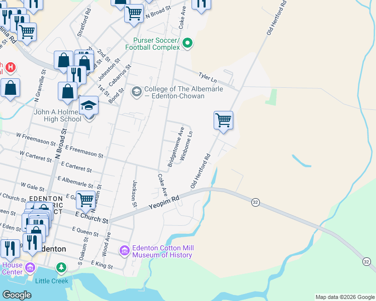 map of restaurants, bars, coffee shops, grocery stores, and more near 235 Winborne Lane in Edenton