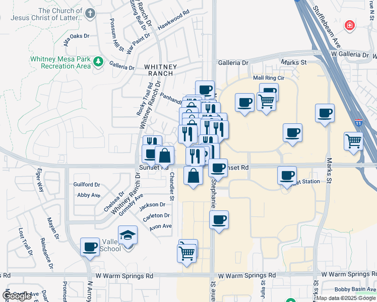 map of restaurants, bars, coffee shops, grocery stores, and more near 605 North Stephanie Street in Henderson