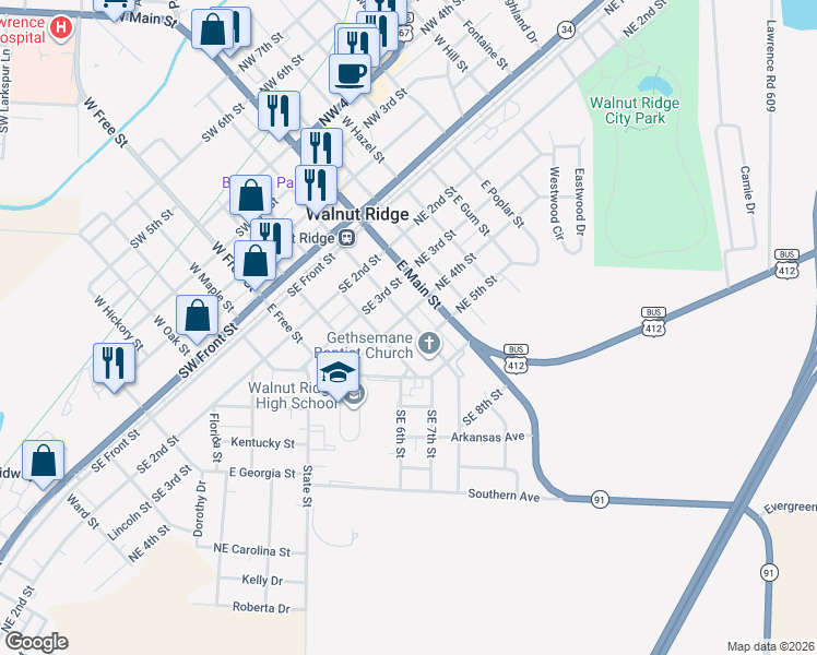 map of restaurants, bars, coffee shops, grocery stores, and more near 207 Southeast 4th Street in Walnut Ridge