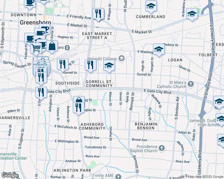 map of restaurants, bars, coffee shops, grocery stores, and more near 624 East Gate City Boulevard in Greensboro