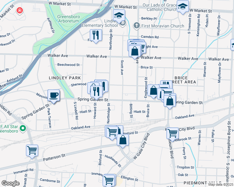 map of restaurants, bars, coffee shops, grocery stores, and more near 811 Northridge Street in Greensboro
