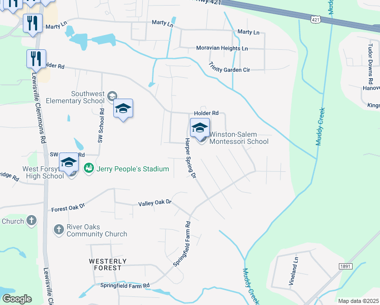 map of restaurants, bars, coffee shops, grocery stores, and more near 1711 Harper Spring Drive in Clemmons