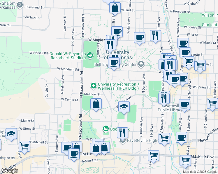 map of restaurants, bars, coffee shops, grocery stores, and more near in Fayetteville