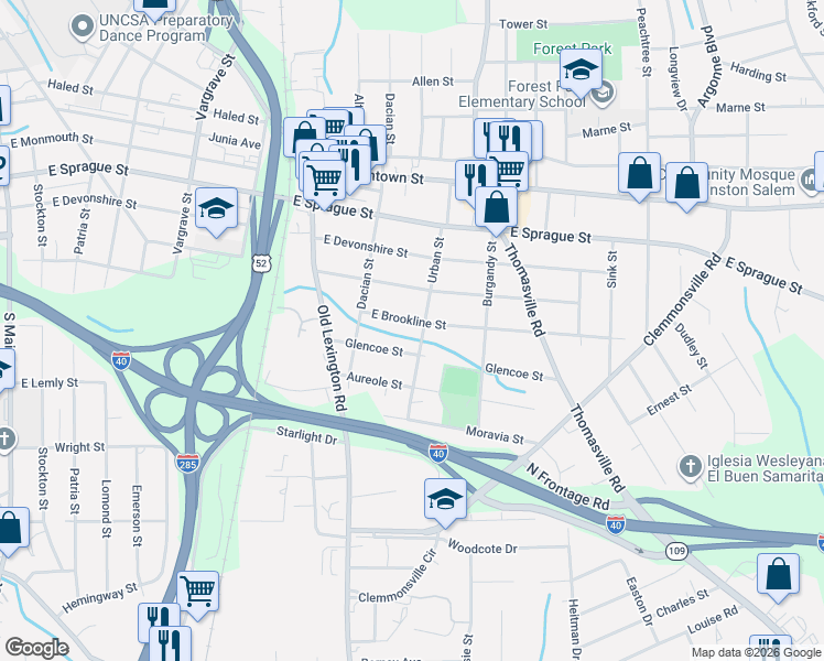 map of restaurants, bars, coffee shops, grocery stores, and more near 749 Glencoe Street in Winston-Salem