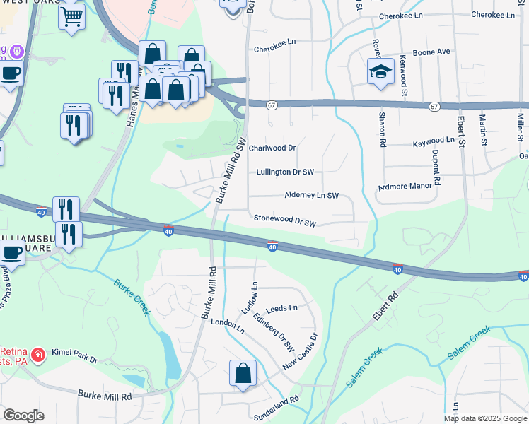 map of restaurants, bars, coffee shops, grocery stores, and more near 1928 Stonewood Drive Southwest in Winston-Salem