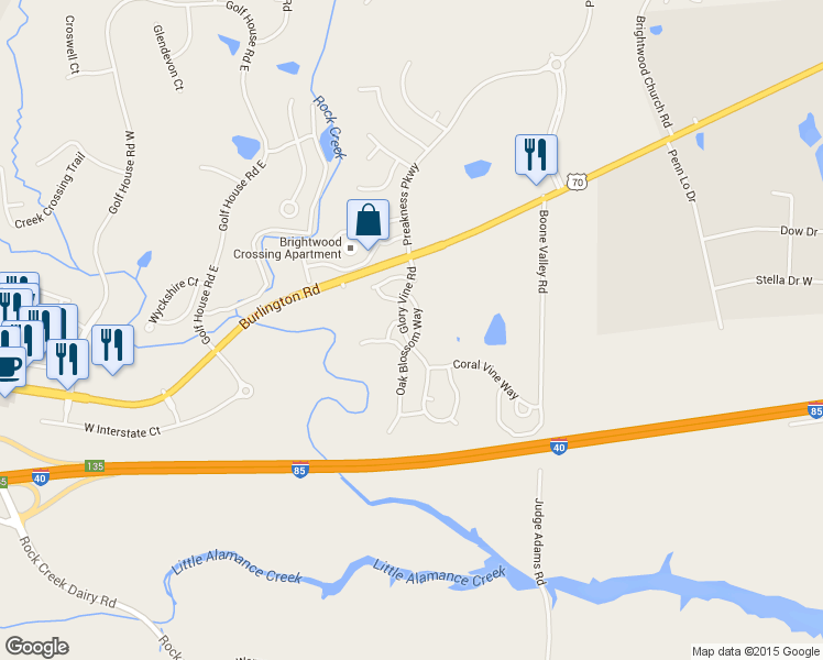 map of restaurants, bars, coffee shops, grocery stores, and more near 1044 Oak Blossom Way in Whitsett