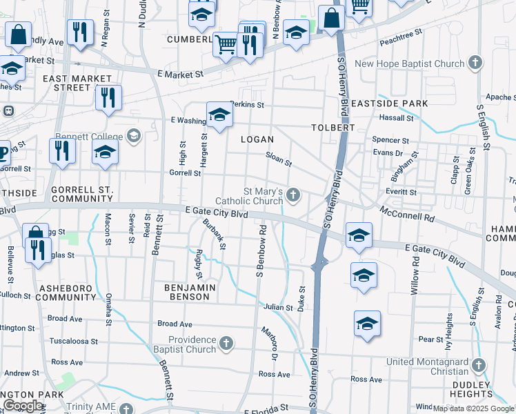 map of restaurants, bars, coffee shops, grocery stores, and more near 820 South Benbow Road in Greensboro