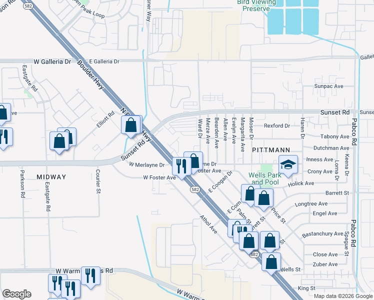 map of restaurants, bars, coffee shops, grocery stores, and more near 101 East Merlayne Drive in Henderson