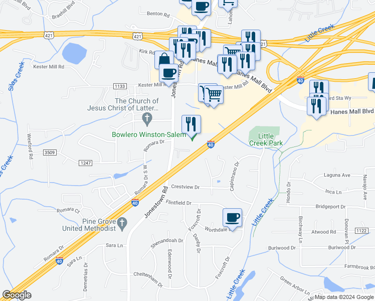 map of restaurants, bars, coffee shops, grocery stores, and more near 106 Westmeadows Drive in Winston-Salem