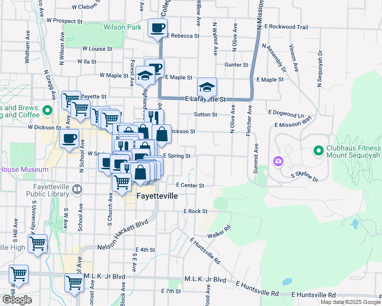 map of restaurants, bars, coffee shops, grocery stores, and more near 216 East Spring Street in Fayetteville