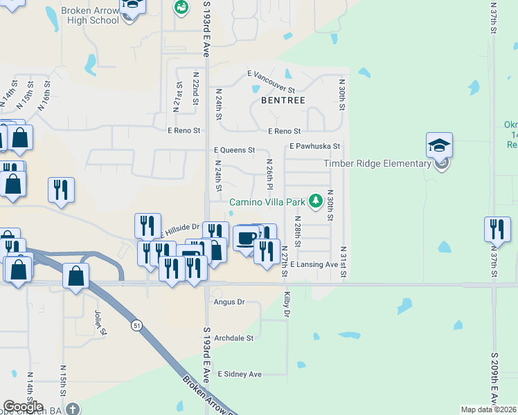 map of restaurants, bars, coffee shops, grocery stores, and more near 2625 East Oakland Street in Broken Arrow