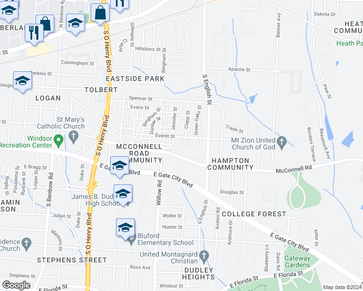 map of restaurants, bars, coffee shops, grocery stores, and more near 2118 Everitt Street in Greensboro