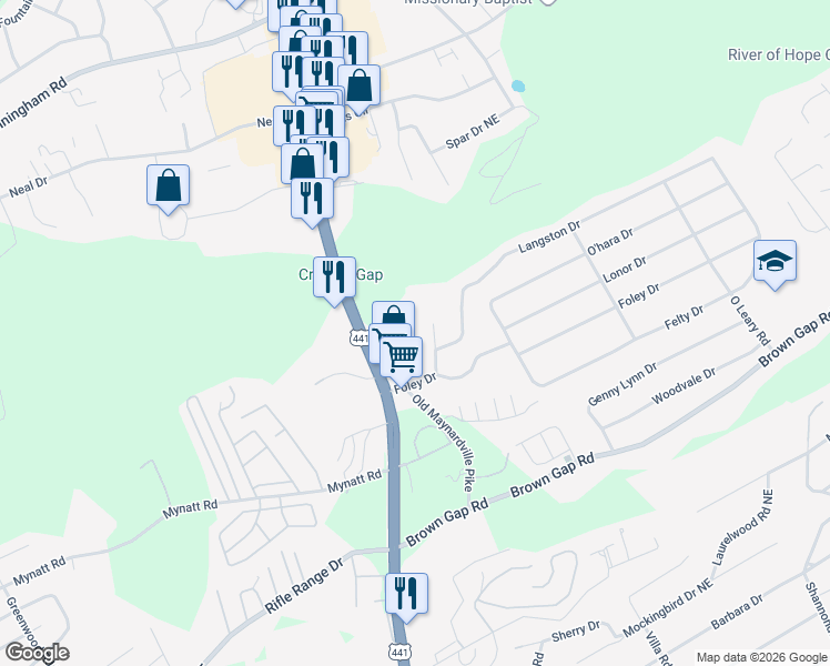 map of restaurants, bars, coffee shops, grocery stores, and more near 4005 Foley Drive in Knoxville