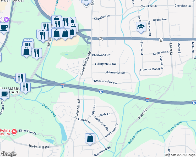 map of restaurants, bars, coffee shops, grocery stores, and more near 1928 Stonewood Drive Southwest in Winston-Salem