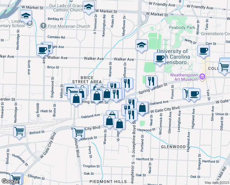 map of restaurants, bars, coffee shops, grocery stores, and more near in Greensboro