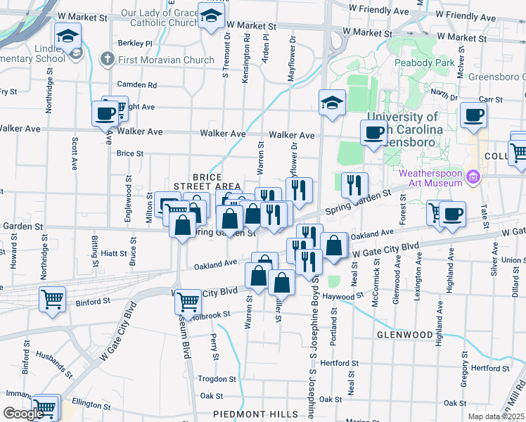 map of restaurants, bars, coffee shops, grocery stores, and more near in Greensboro