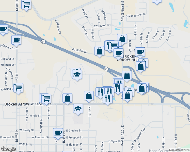 map of restaurants, bars, coffee shops, grocery stores, and more near 517 East Madison Street North in Broken Arrow