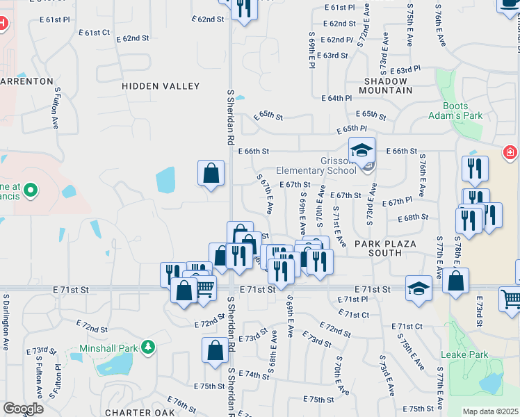map of restaurants, bars, coffee shops, grocery stores, and more near 6760 South 66th East Avenue in Tulsa